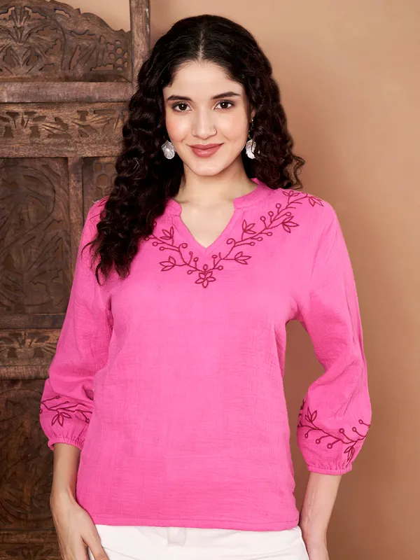 Pink_Cotton_Embroidered_Top_With_Maroon_Thread_Work