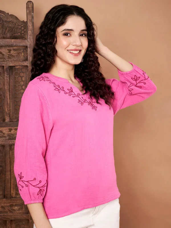 Pink_Cotton_Embroidered_Top_With_Maroon_Thread_Work