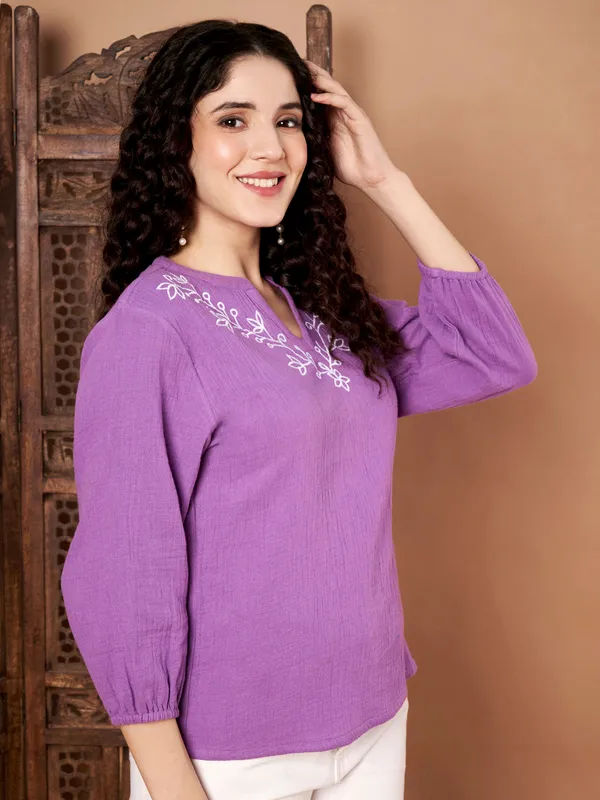 Purple_Cotton_Embroidered_Top_With_White_Thread_Work