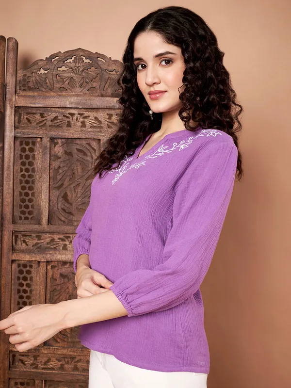 Purple_Cotton_Embroidered_Top_With_White_Thread_Work