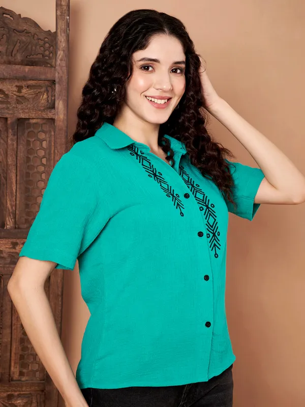 Green_Cotton_Shirt_Top_With_Embroidered_Detail_For_Women