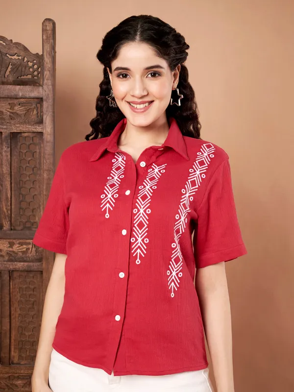 Red_Cotton_Shirt_Top_With_Embroidered_Detail_For_Women