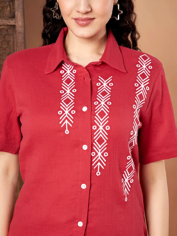 Red_Cotton_Shirt_Top_With_Embroidered_Detail_For_Women