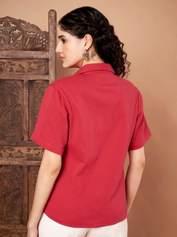Red_Cotton_Shirt_Top_With_Embroidered_Detail_For_Women