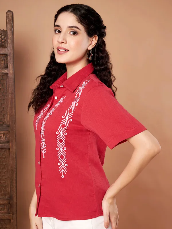 Red_Cotton_Shirt_Top_With_Embroidered_Detail_For_Women