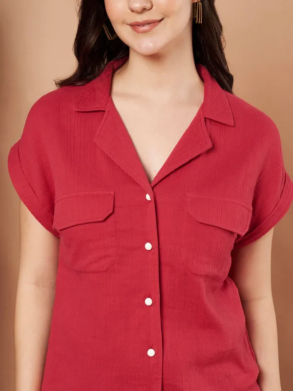 Brick_Red_Cotton_Short_Sleeve_Button_Down_Shirt_Casual_Summer_Top