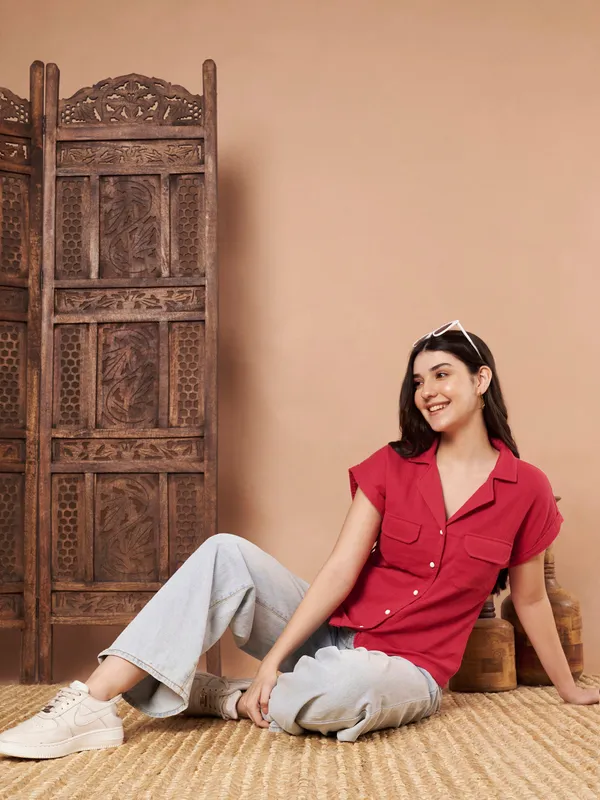 Brick_Red_Cotton_Short_Sleeve_Button_Down_Shirt_Casual_Summer_Top