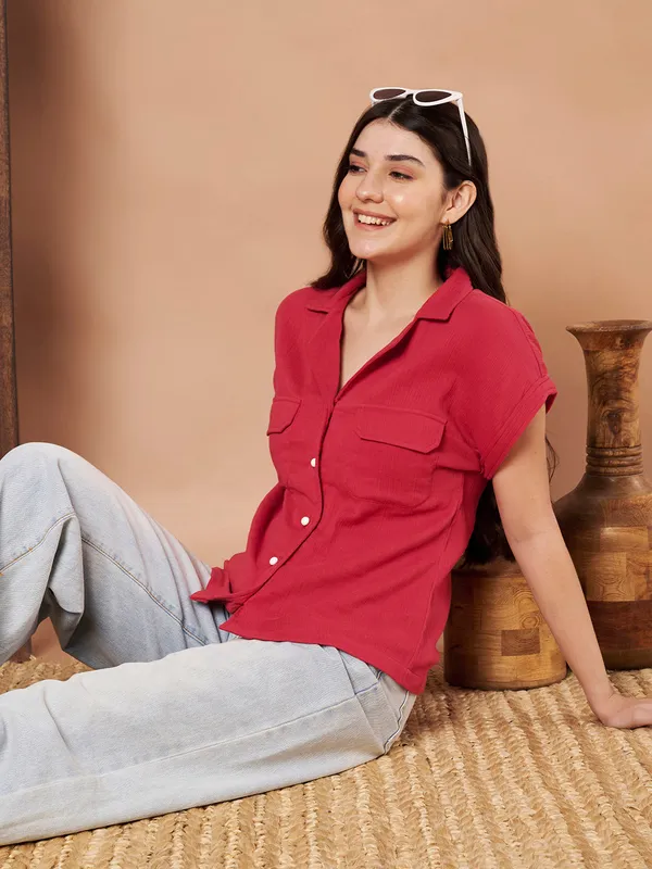 Brick_Red_Cotton_Short_Sleeve_Button_Down_Shirt_Casual_Summer_Top