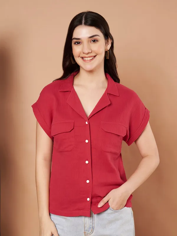 Brick_Red_Cotton_Short_Sleeve_Button_Down_Shirt_Casual_Summer_Top