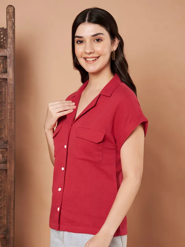 Brick_Red_Cotton_Short_Sleeve_Button_Down_Shirt_Casual_Summer_Top