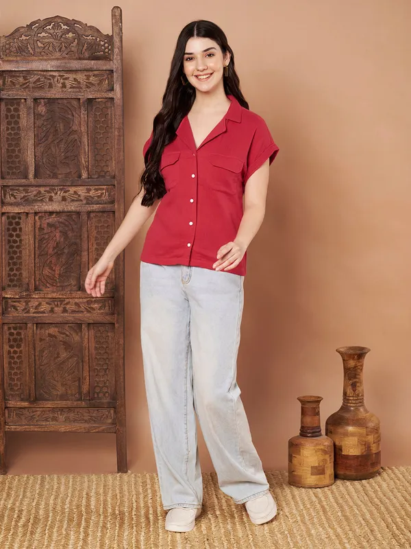 Brick_Red_Cotton_Short_Sleeve_Button_Down_Shirt_Casual_Summer_Top