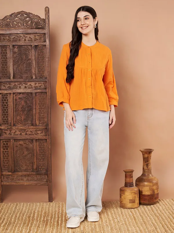 Orange_Cotton_Button_Down_Top_For_Women