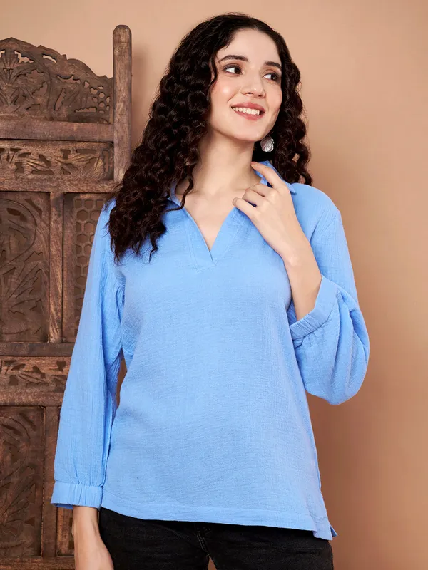 Blue_Solid__Cotton_Collared_Top
