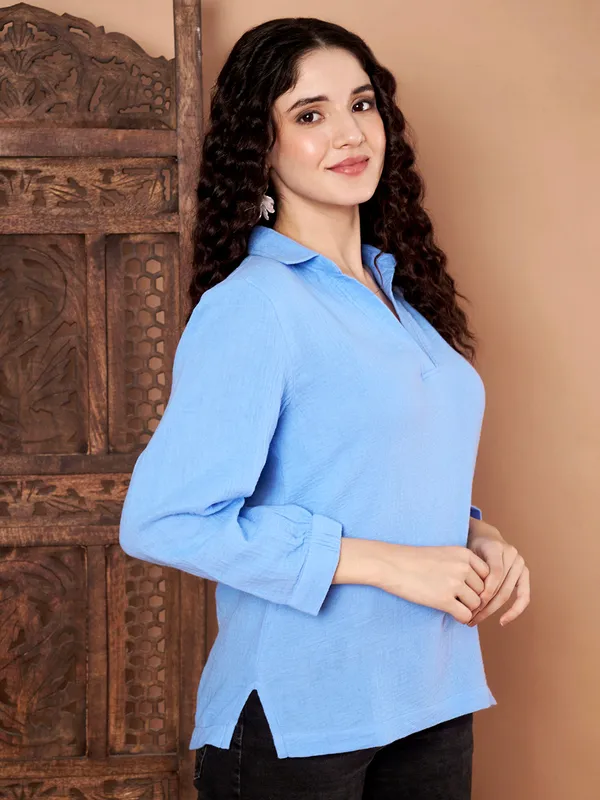 Blue_Solid__Cotton_Collared_Top