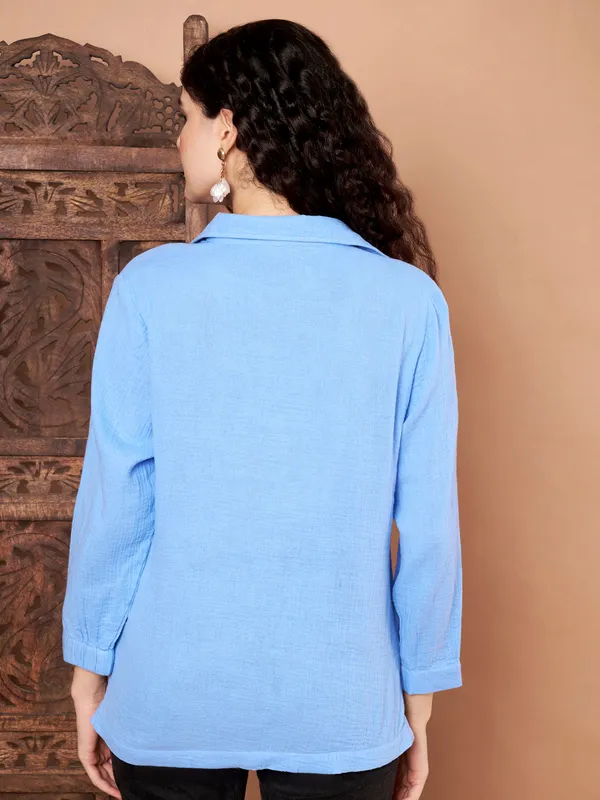 Blue_Solid__Cotton_Collared_Top