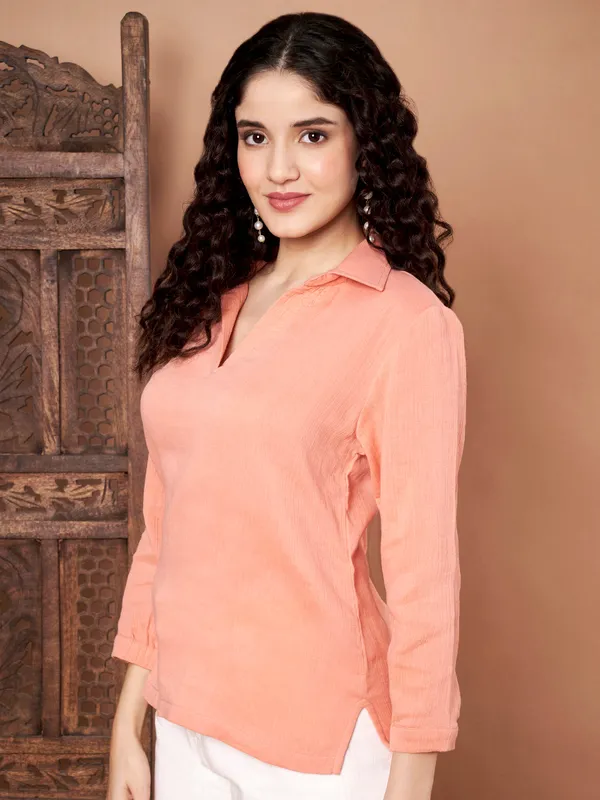 Peach_Solid_Cotton_Collared_Top_For_Women