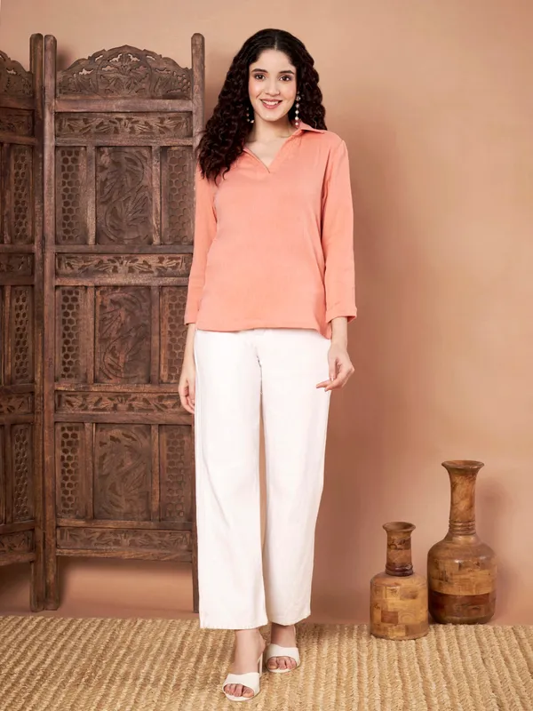 Peach_Solid_Cotton_Collared_Top_For_Women