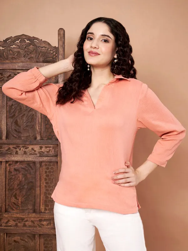 Peach_Solid_Cotton_Collared_Top_For_Women
