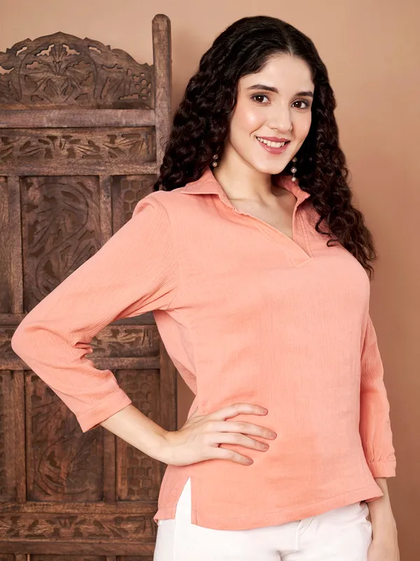 Peach_Solid_Cotton_Collared_Top_For_Women