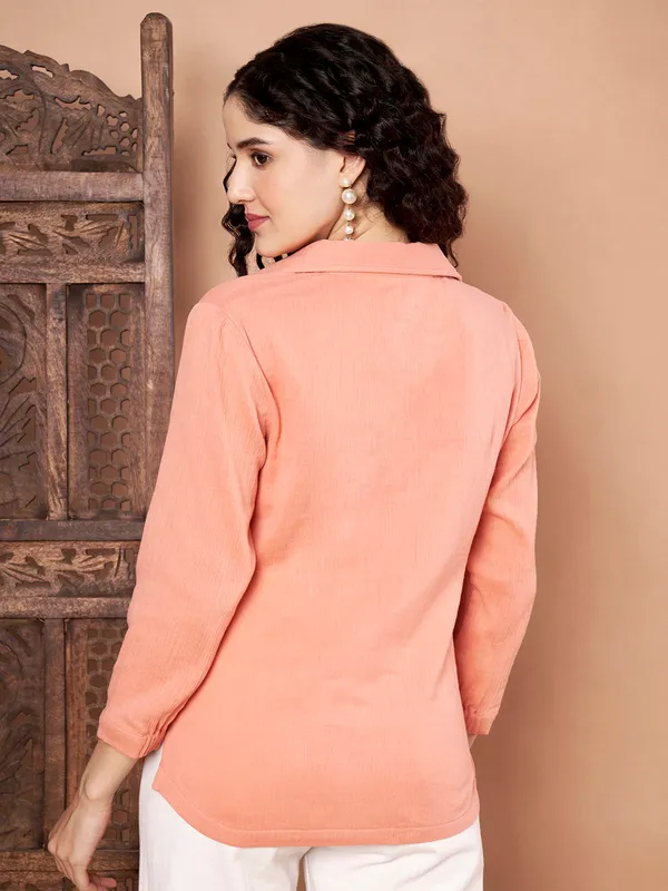 Peach_Solid_Cotton_Collared_Top_For_Women