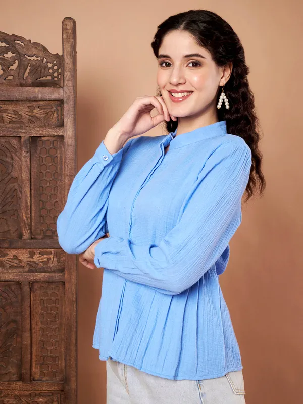 Sky_Blue_Cotton_Long_Sleeve_Mandarin_Collar_Top_For_Women