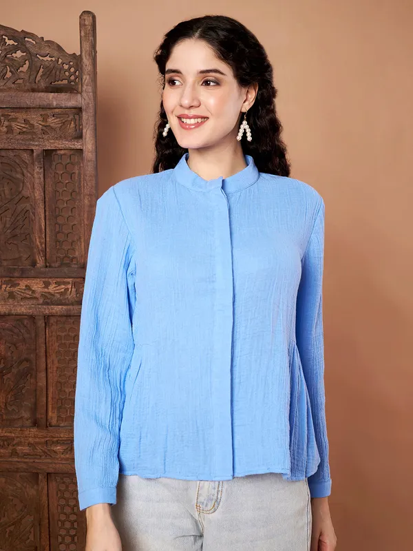 Sky_Blue_Cotton_Long_Sleeve_Mandarin_Collar_Top_For_Women