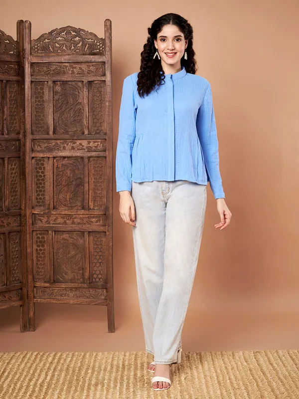 Sky_Blue_Cotton_Long_Sleeve_Mandarin_Collar_Top_For_Women