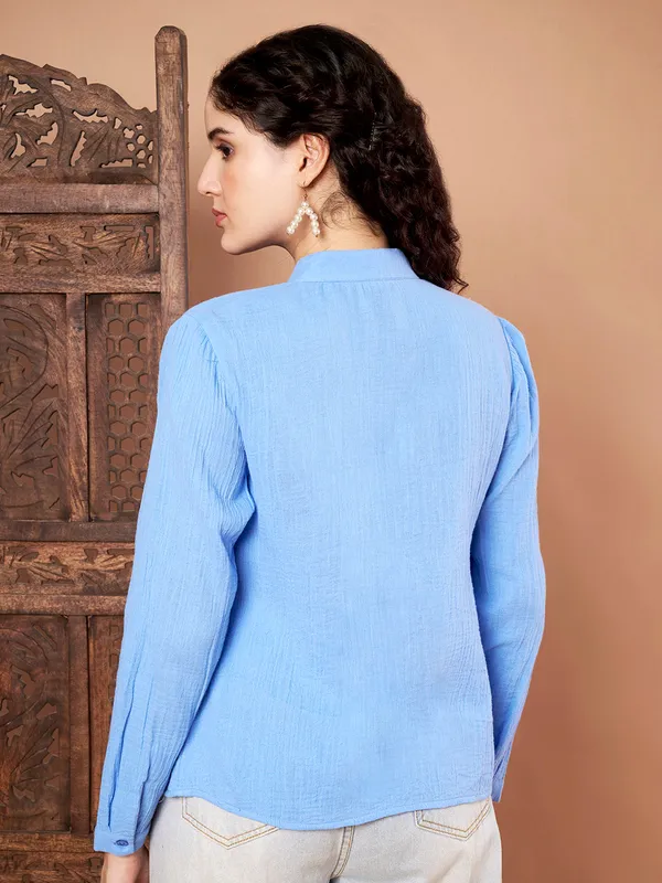 Sky_Blue_Cotton_Long_Sleeve_Mandarin_Collar_Top_For_Women