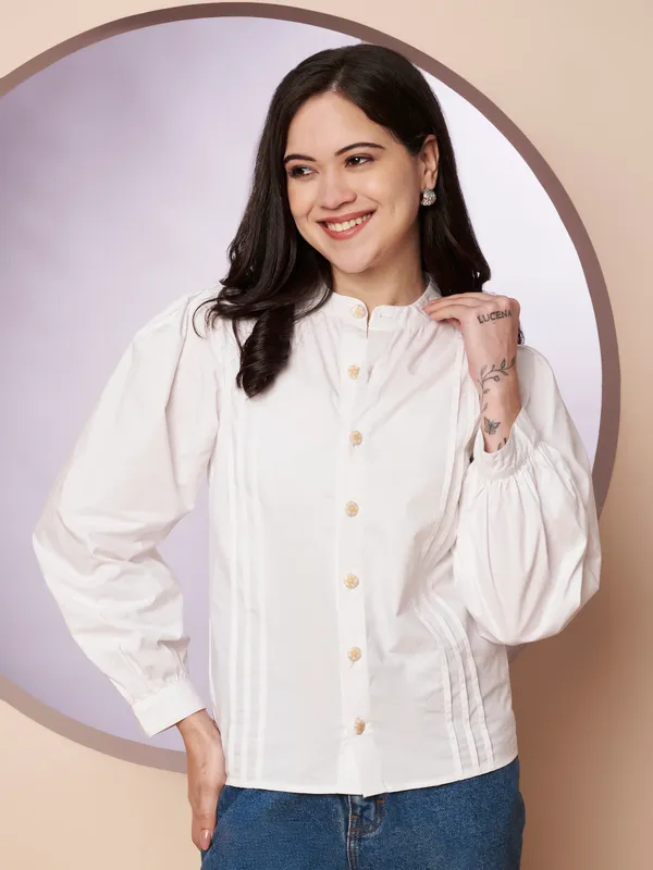 White_Cotton_Pintuck_Button-Down_Top_for_Women