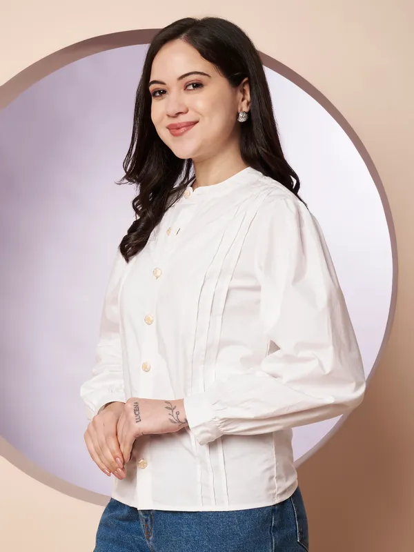 White_Cotton_Pintuck_Button-Down_Top_for_Women