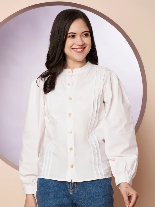 White_Cotton_Pintuck_Button-Down_Top_for_Women
