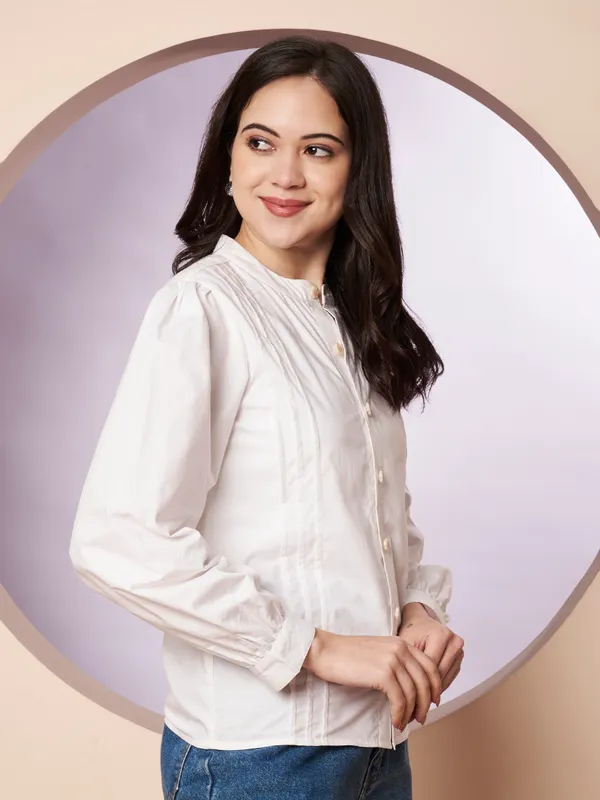 White_Cotton_Pintuck_Button-Down_Top_for_Women
