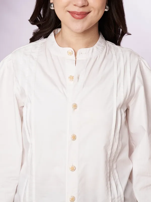 White_Cotton_Pintuck_Button-Down_Top_for_Women