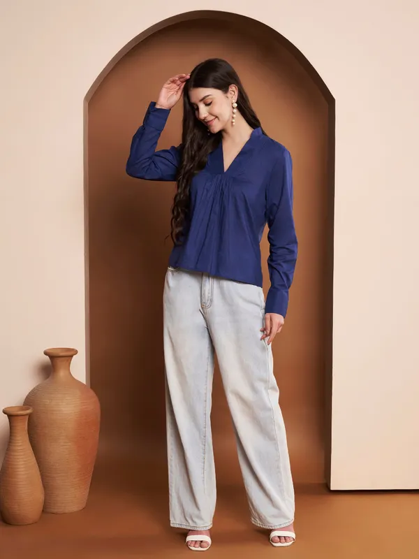 Navy_Blue_Pleated_Cotton_Top_With_V_Neck_For_Women