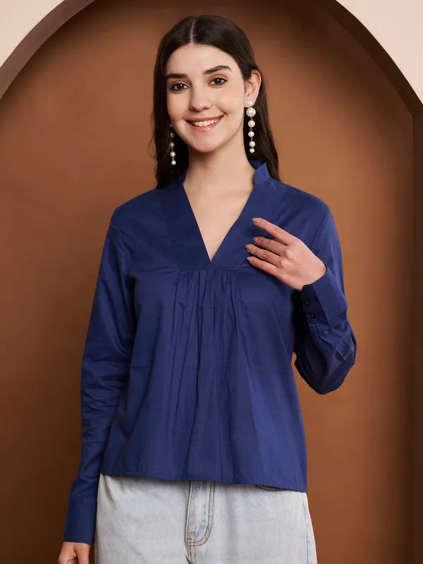 Navy_Blue_Pleated_Cotton_Top_With_V_Neck_For_Women