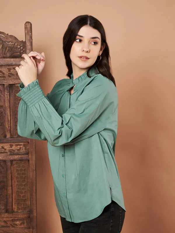 Green_Cotton_Ruffle_Neck_Button_Down_Shirt_For_Women