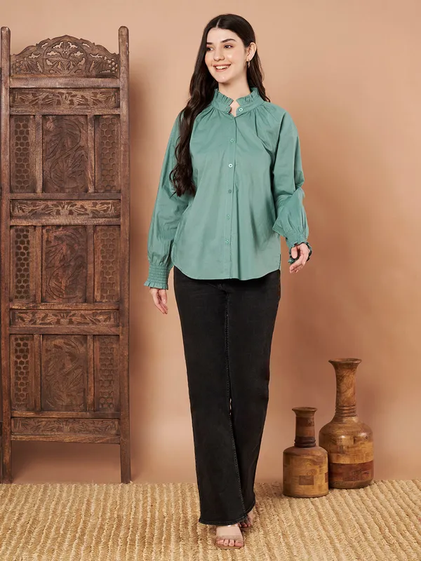 Green_Cotton_Ruffle_Neck_Button_Down_Shirt_For_Women