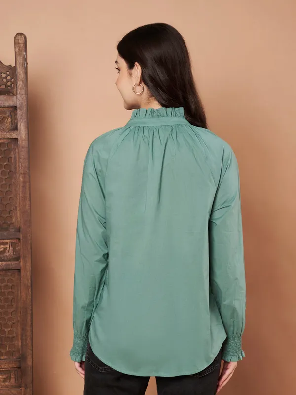 Green_Cotton_Ruffle_Neck_Button_Down_Shirt_For_Women