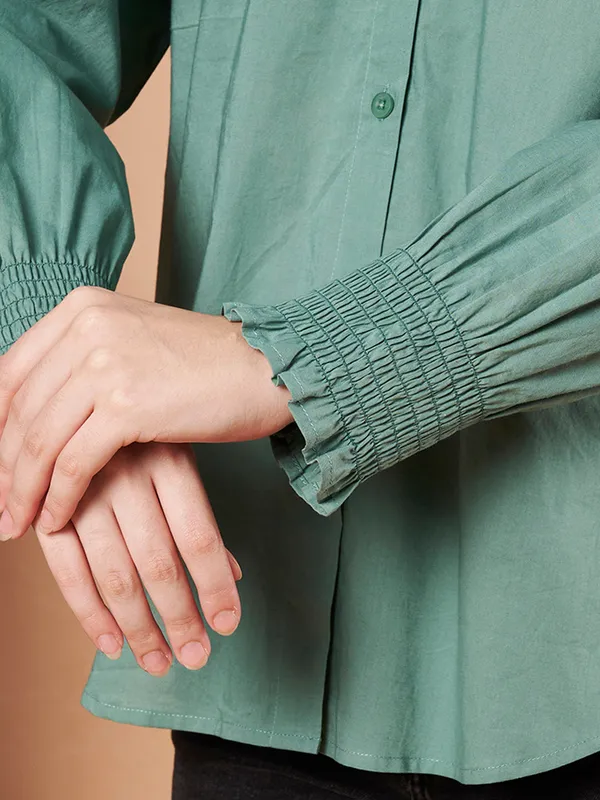 Green_Cotton_Ruffle_Neck_Button_Down_Shirt_For_Women