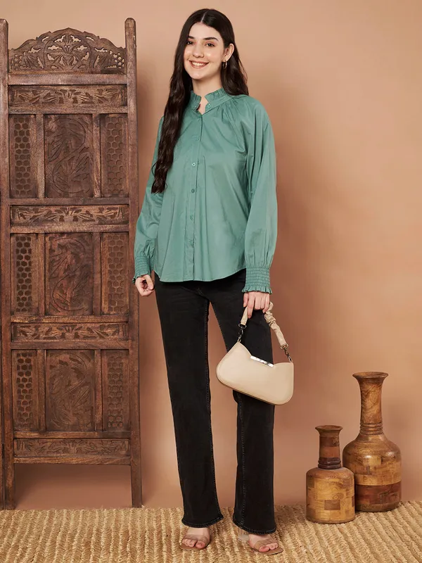 Green_Cotton_Ruffle_Neck_Button_Down_Shirt_For_Women