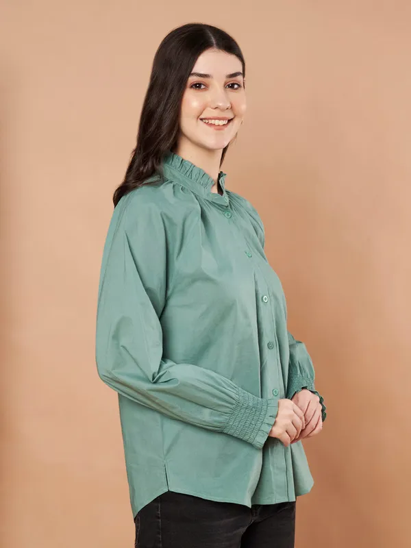 Green_Cotton_Ruffle_Neck_Button_Down_Shirt_For_Women