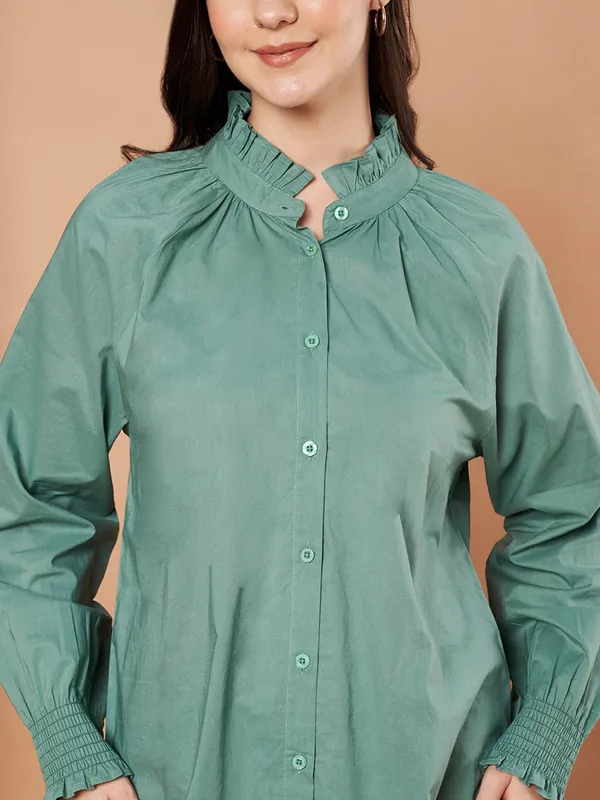 Green_Cotton_Ruffle_Neck_Button_Down_Shirt_For_Women