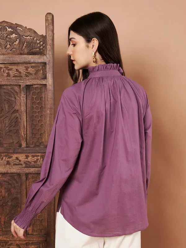 Purple_Cotton_Ruffle_Neck_Button_Down_Shirt_For_Women