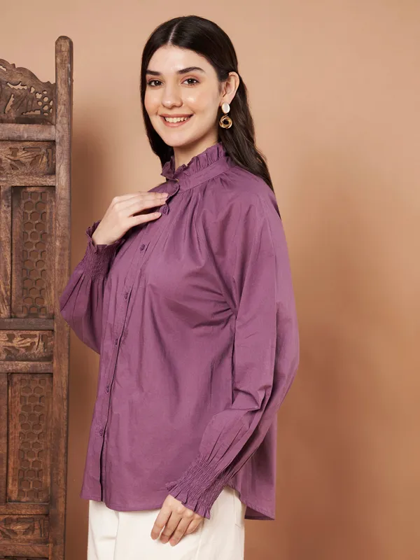 Purple_Cotton_Ruffle_Neck_Button_Down_Shirt_For_Women