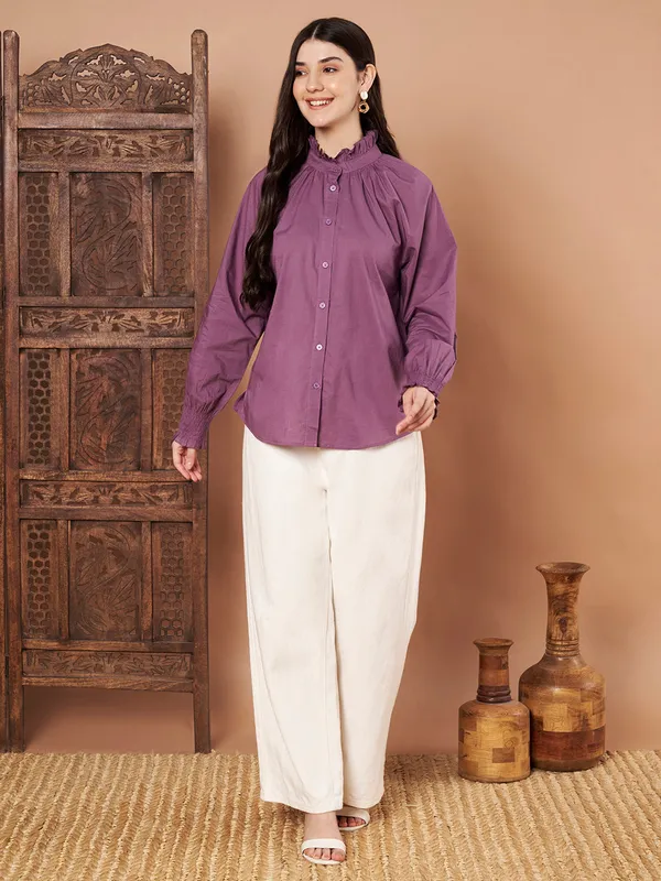 Purple_Cotton_Ruffle_Neck_Button_Down_Shirt_For_Women