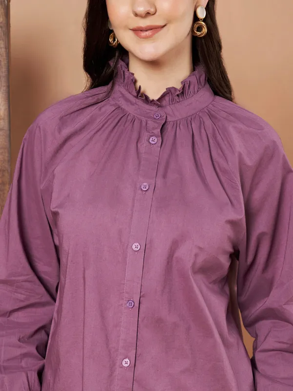 Purple_Cotton_Ruffle_Neck_Button_Down_Shirt_For_Women