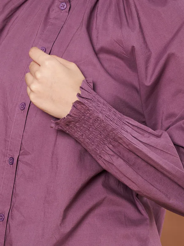 Purple_Cotton_Ruffle_Neck_Button_Down_Shirt_For_Women