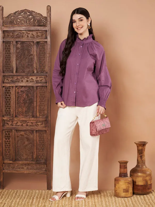Purple_Cotton_Ruffle_Neck_Button_Down_Shirt_For_Women