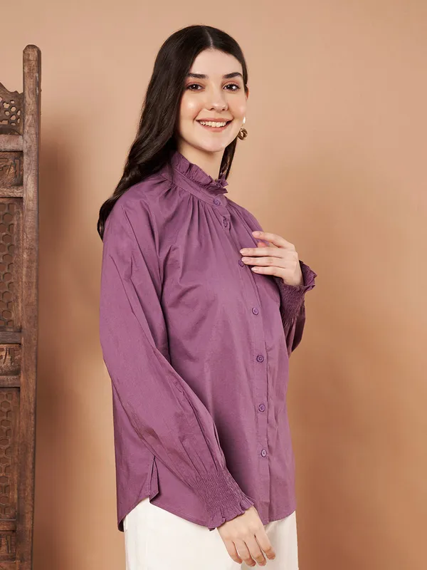 Purple_Cotton_Ruffle_Neck_Button_Down_Shirt_For_Women