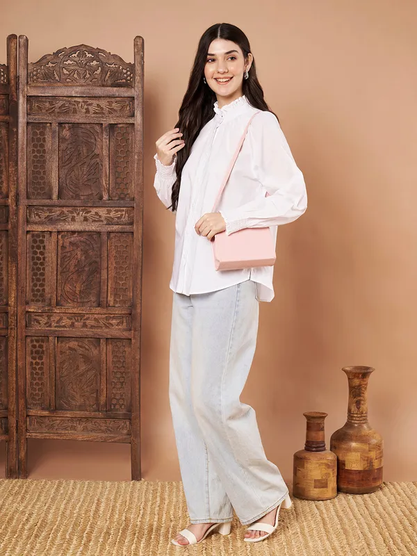 White_Cotton_Ruffle_Neck_Button_Down_Shirt_For_Women